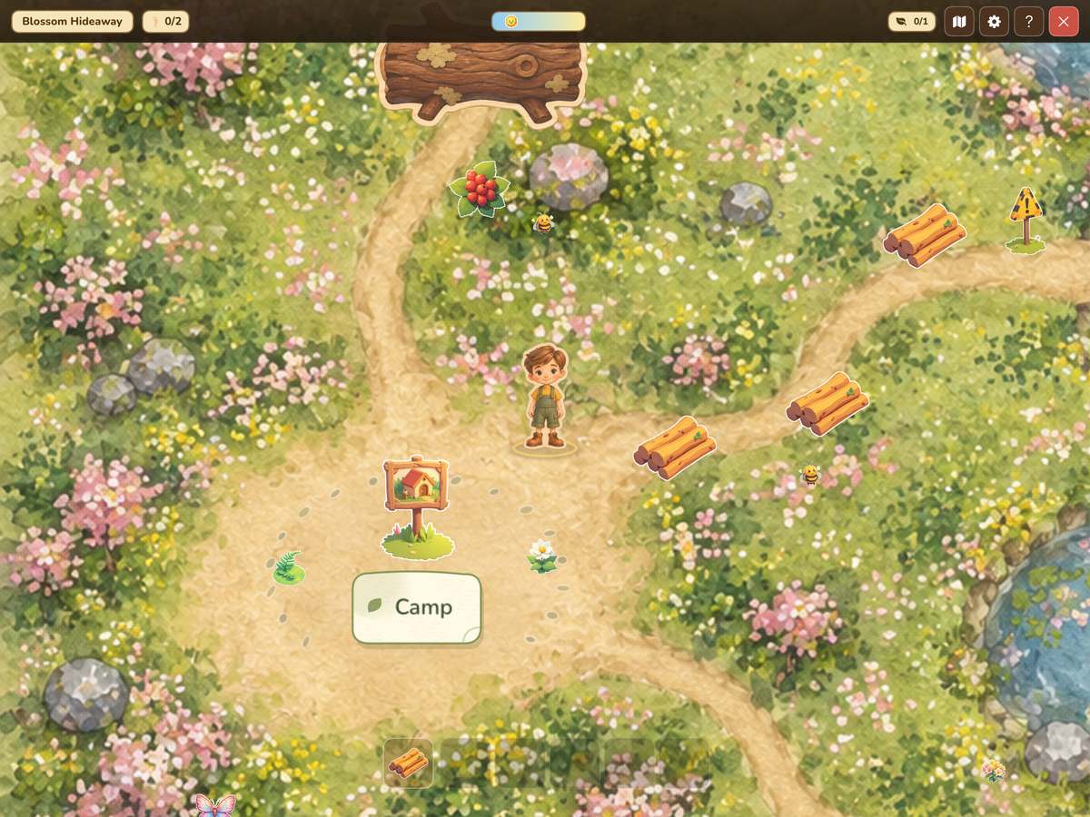 Gathering supplies along a painted trail in Blossom Hideaway