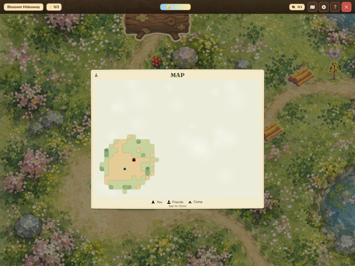 Watercolour exploration map with walked paths revealed and unexplored ground hidden