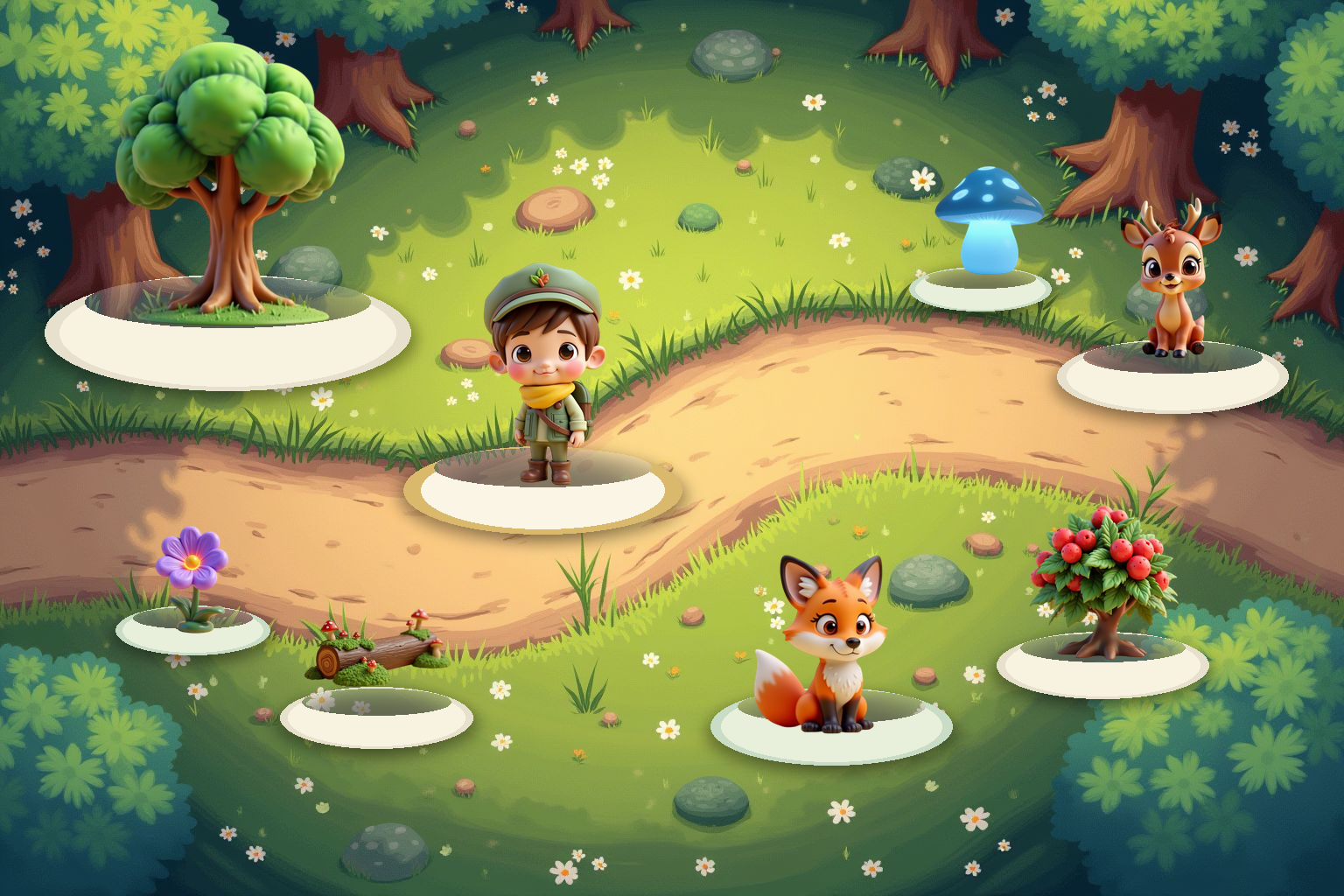Forest Friends Adventure in-game scene with a child hero, forest animals, trees, items, and paths